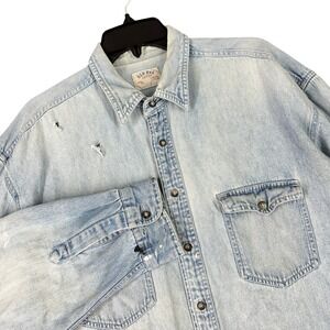 Old Rye Denim Button Down Shirt Distressed Paint Splatter Light Wash XL Mens